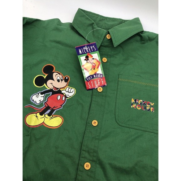 Vintage 90s Disney MICKEY MOUSE Green Long Sleeve Button Up Shirt Boys Size 14 - Picture 2 of 11